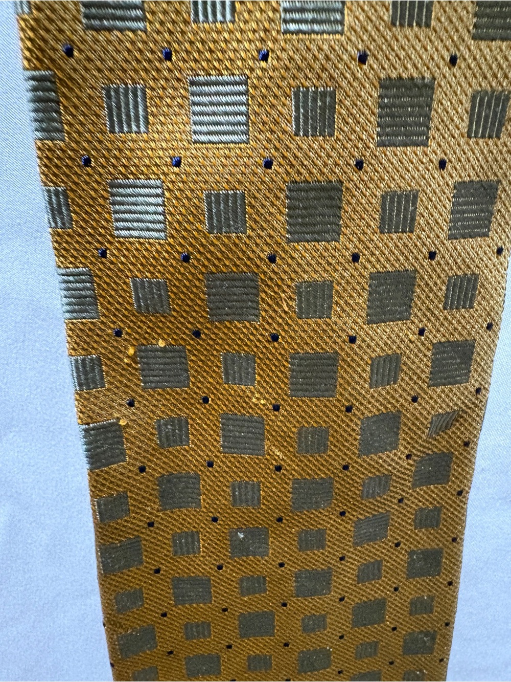 BOSA Italy 100% Silk Men’s Tie Gold Geometric Squares Gray & Olive Pattern - Picture 2 of 4
